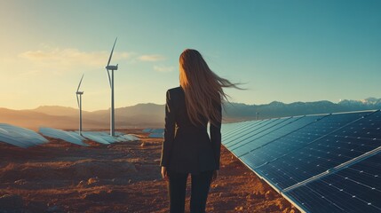 Wall Mural - businesswoman leading in renewable energy, showcasing a leader overseeing solar panels, wind turbine