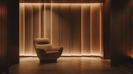 futuristic architectural image of a sitting area in an upscale hotel, brown and subtle beige tones, moody lighting, cinematic, generative Ai 