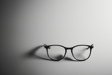 Aufkleber - Eyeglasses sit on a flat surface, showcasing sleek lines and elegant design while casting a gentle shadow in the soft light. Generative AI