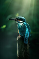 Wall Mural - A vibrant blue kingfisher perches on a weathered wooden post, basking in the warm sunlight filtering through the green foliage.