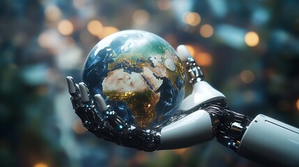 Wall Mural - A robotic hand gently holds a glowing Earth, symbolizing technology's connection to the planet.