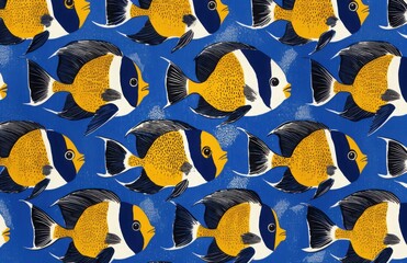 Colorful fish pattern on a blue background featuring detailed marine life design