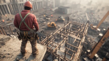 Wall Mural - construction worker standing on edge of building structure without safety railings observing a high-