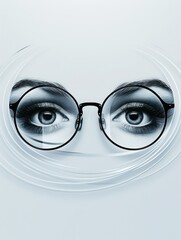 Poster - A pair of sophisticated eyeglasses is positioned against a creative background featuring artistic, stylized eyes in a minimalist layout. Generative AI