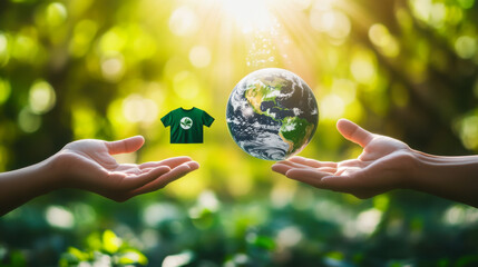 Two hands exchanging a t-shirt with the Earth design and a globe surrounded by green leaves in a vibrant forest setting