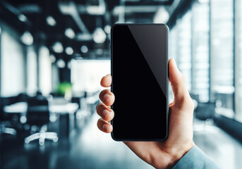 A person is holding a black smartphone in their hand, with the screen facing the camera.