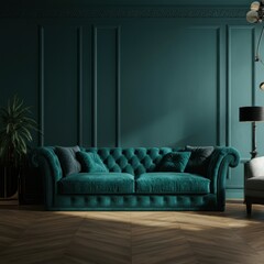 Tufted teal velvet sofa against blank wall with copy space. Minimalist interior design of modern living room.