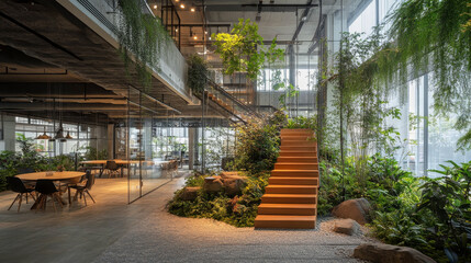 
An elegant coworking office space featuring modern design elements. Indoor greenery adds a refreshing natural touch, while a sleek stairway leads to an upper level, enhancing the office's open layout