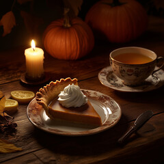 Wall Mural - Cozy Autumn Cafe Setting with Pumpkin Dish and Candlelit Ambiance