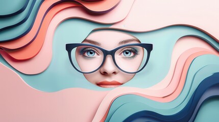Aufkleber - A pair of fashionable eyeglasses stands out against a vibrant background adorned with stylized eyes and flowing shapes. Generative AI