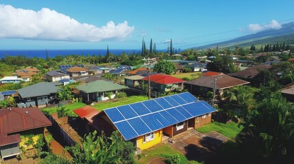 Community-based solar panel systems, showing a neighborhood powered by shared solar installations, emphasizing collective energy use, cost-sharing, and community-driven sustainability.