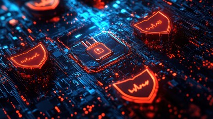 Cybersecurity technology background, showcasing digital shields, encrypted data streams, and security symbols, emphasizing data protection, firewalls, and secure communications.