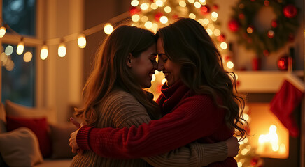 Sticker - Two women hug each other in front of a Christmas tree