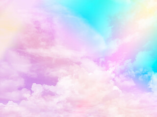 Wall Mural - beauty sweet pastel yellow and violet colorful with fluffy clouds on sky. multi color rainbow image.