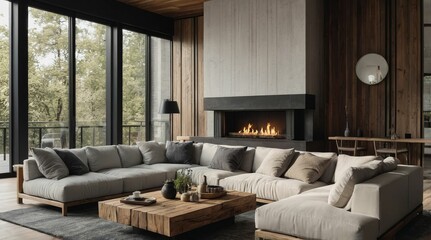 Fireplace against white sofa and rustic wooden coffee table. Scandinavian style home interior design of modern living room