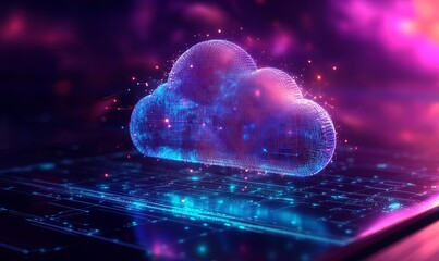 A glowing, digital cloud icon hovers above a futuristic, illuminated circuit board, suggesting the power of cloud computing and data storage.