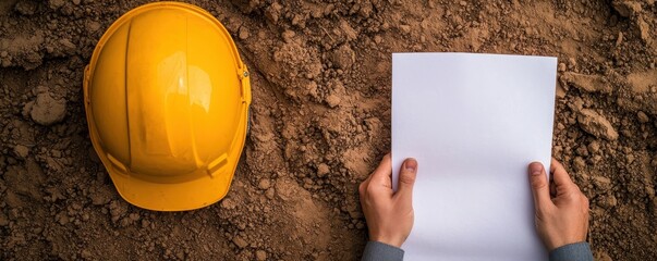 Yellow hard hat and hands holding blank paper on construction site background.