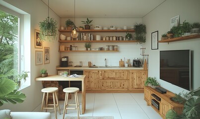 Wall Mural - a modern kitchen with wooden cabinets, shelves, and a breakfast bar, featuring a window with a view 