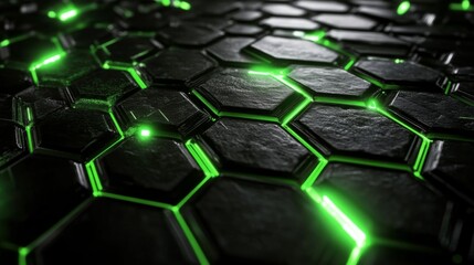 Close-up hexagonal pattern made up small dark hexagons Vibrant neon green hexagons