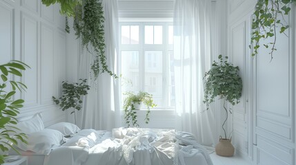 Wall Mural - a white bedroom with a large window and plants