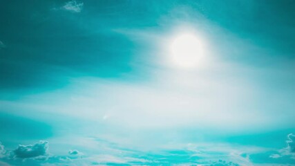 Wall Mural - Moving Clouds In Bold Blue Sky From Day To Dusk Transition Timelapse. Bright Blue Color. Natural Background Sky. Cloud Formation. Transition To Sunset Sky. Orange Sunset Sky. Dusk Time