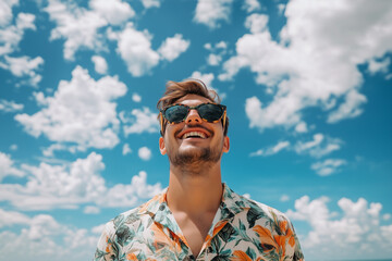 A young man in his thirties, wearing sunglasses and summer attire with floral patterns on the shirt, is smiling while standing at the beach. The background features a blue sky with white clouds