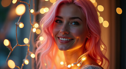 Wall Mural - A woman with pink hair is smiling at the camera