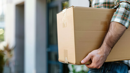 Man is holding a cardboard box. The box is brown and has tape on it. The man is wearing a plaid shirt