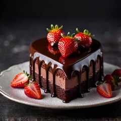 Yummy tasty chocolate strawberry cake in a form of a heart on a black background. Celebrating of Valentines day. Dark food template for restaurant menu business. Romantic sweet gift. Tasty present.