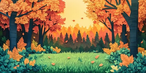 Wall Mural - Vibrant green grass contrasts with scattered leaves in a serene pine forest during the autumn season, Serene pine forest with vibrant green grass and scattered leaves