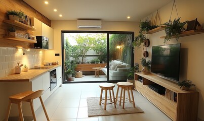 Wall Mural - modern open-plan kitchen and living room with large windows and sliding doors leading to a patio wit