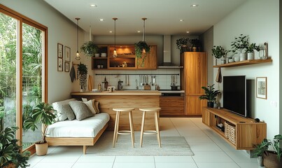 Wall Mural - modern, minimalist kitchen and living room with wooden furniture, green plants, and large windows.