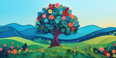 Wall Mural - Vibrant tree amidst lush meadows under a clear blue sky, Lively tree in green meadow with clear sky