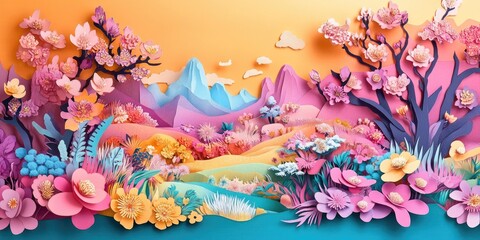 Poster - Springtime in a picturesque landscape adorned with blooming flowers and vibrant colors, Spring landscape with blooming flowers and vibrant colors