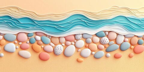 Canvas Print - Smooth pebbles scattered along the sandy beach, Smooth stones scattered on the sand