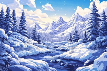 Sticker - Winter landscape featuring a river flowing through a valley surrounded by snow-covered trees and mountains, Winter landscape with river in snow-covered valley and mountains