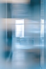 Poster - A serene, abstract image featuring a blurred hallway with soft blue tones, hinting at tranquility and modern aesthetics.