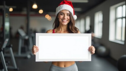 christmas mock up muscular woman, girl in santa claus hat and sportswear holding empty poster sheet white for text in sports hall gym, copy space, template fitness advertising holiday promotion .