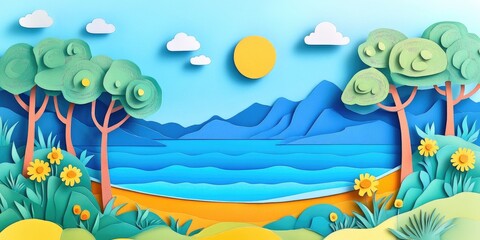 Poster - Sunny Mediterranean seascape featuring a vibrant landscape with blue sea, trees, and mountains under a clear blue sky, evoking a sense of paradise and relaxation