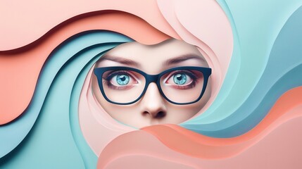 Aufkleber - A striking pair of eyeglasses is highlighted against a colorful backdrop of swirling stylized eyes, creating a unique visual effect. Generative AI