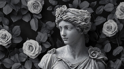 Marble statue of Athena with roses in the background in black and white