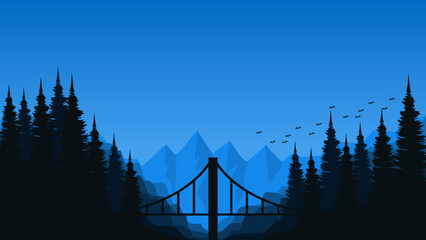 Wall Mural - mountain flat design with bridge vector illustration good for poster template, web banner, blog banner, website background, tourism promo poster, adventure design backdrop and advertising