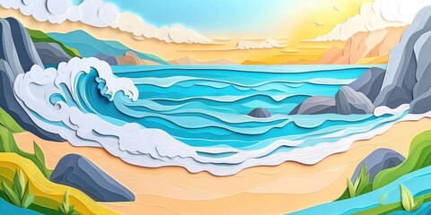 Wall Mural - A picturesque rocky and sandy beach featuring serene waves and natural beauty, Scenic Beach with Waves and Natural Beauty