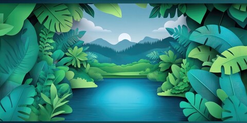 Wall Mural - Scenic view of a tranquil body of water surrounded by lush greenery and vibrant landscapes, Serene water landscape with lush greenery and vibrant scenery