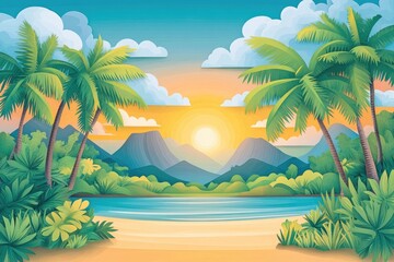 Wall Mural - Scenic sandy beach lined with palm trees, Serene tropical beach with palm trees