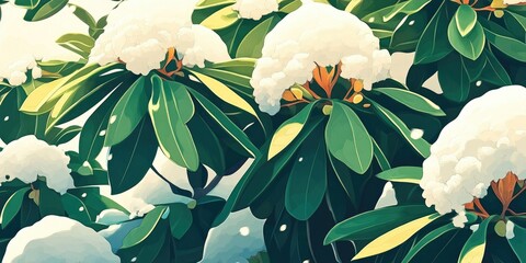 Sticker - Rhododendron bush featuring lush green leaves blanketed in snow under bright sunlight, Rhododendron bush with green leaves covered in snow in sunlight