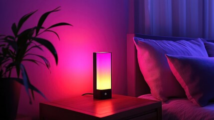 Canvas Print - Modern, color-changing lamp on a bedside table with a plant and pillows in the background, illuminated in a dimly lit room creating a cozy atmosphere