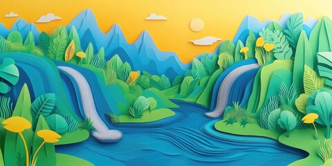 Poster - Cascading river flowing through a picturesque landscape, Serene river winding through a beautiful natural scene