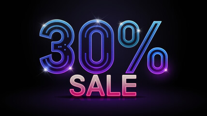 Colorful neon sign announcing 30% sale on black background.