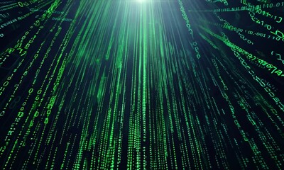digital rain: an ethereal cascade of green binary code streaks across a dark background, representin